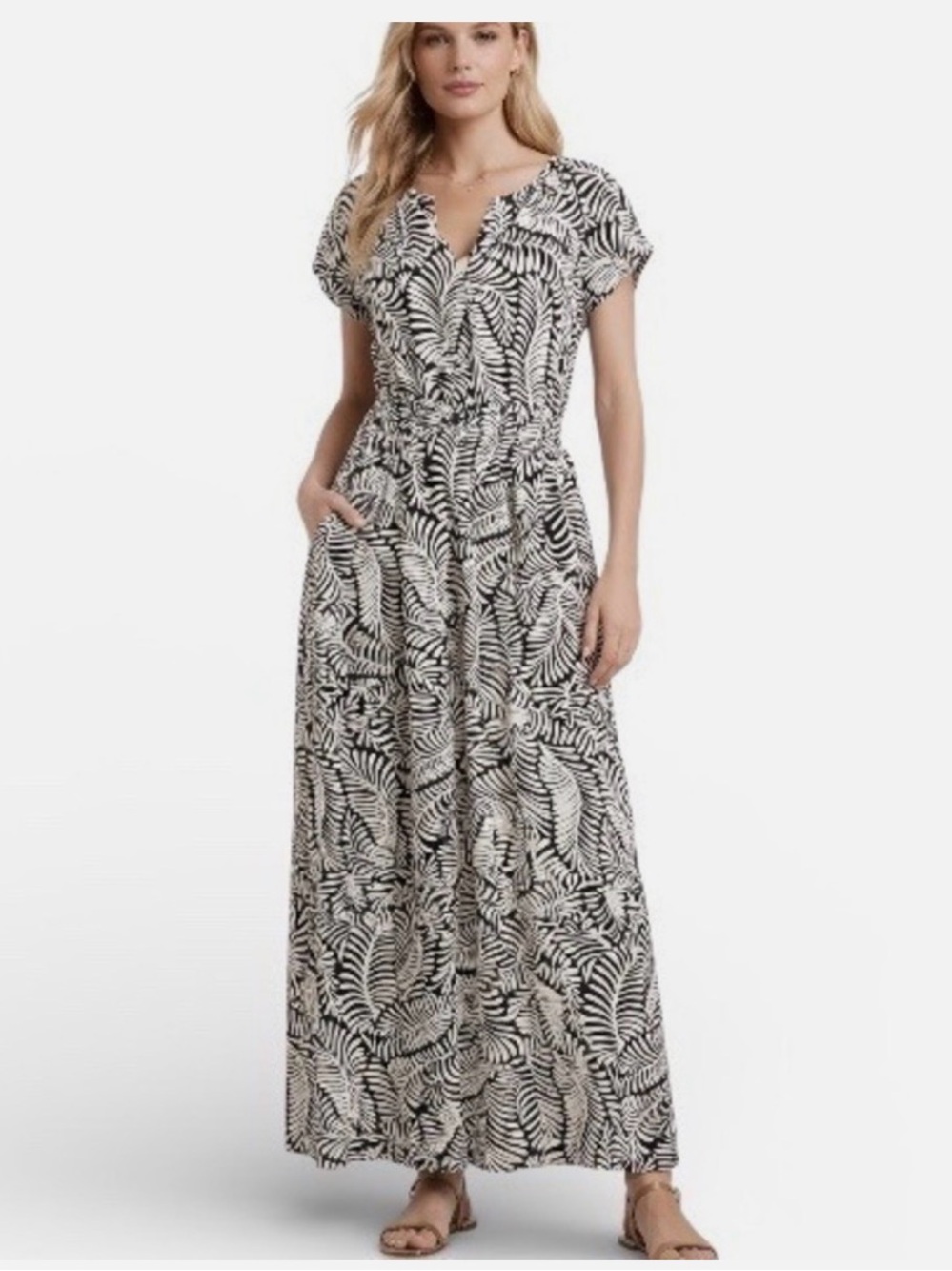 Rachel Zoe Brown & White Leaf Print Maxi Dress - Elegant Summer Style